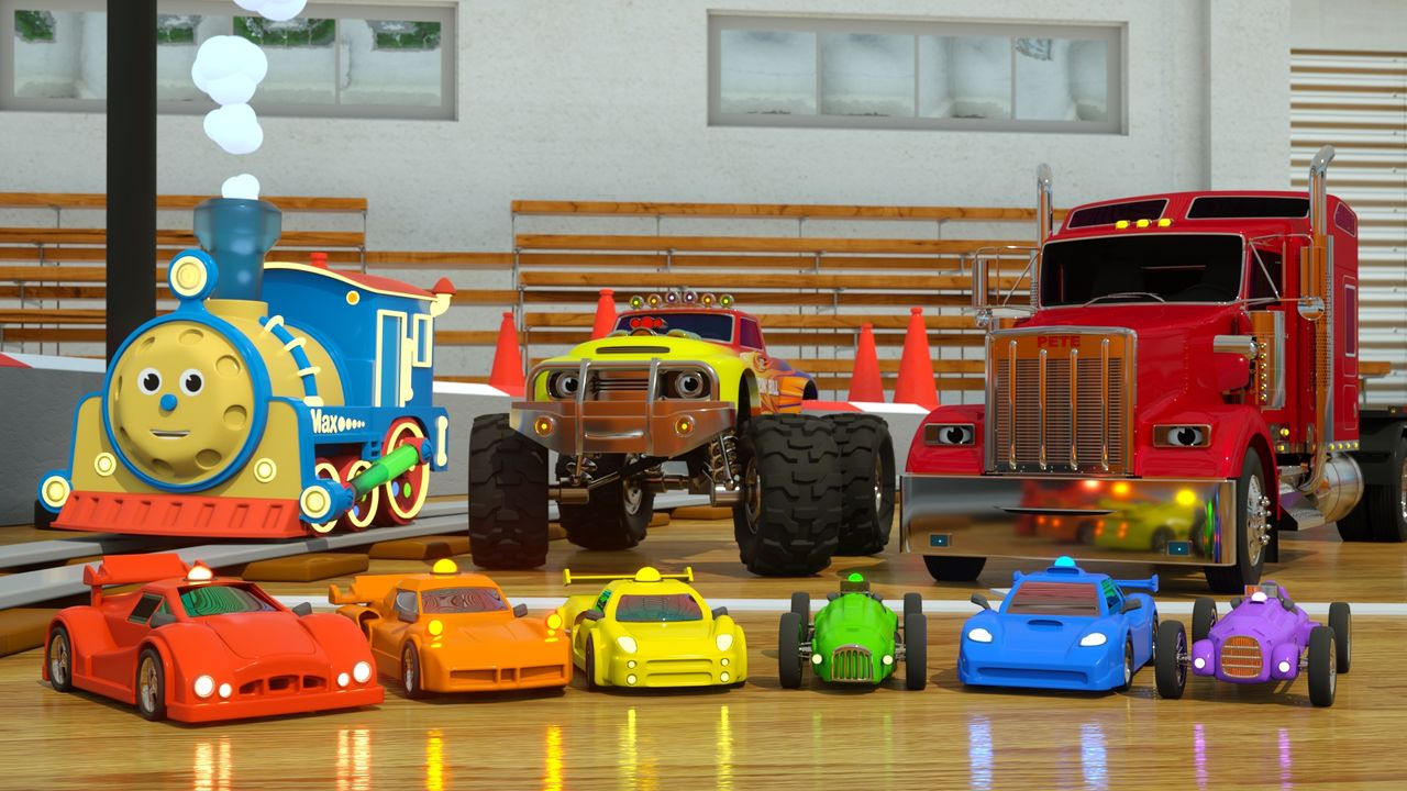 Learn Colors and Race Cars with Max, Bill and Pete the Truck - TOYS Backdrop