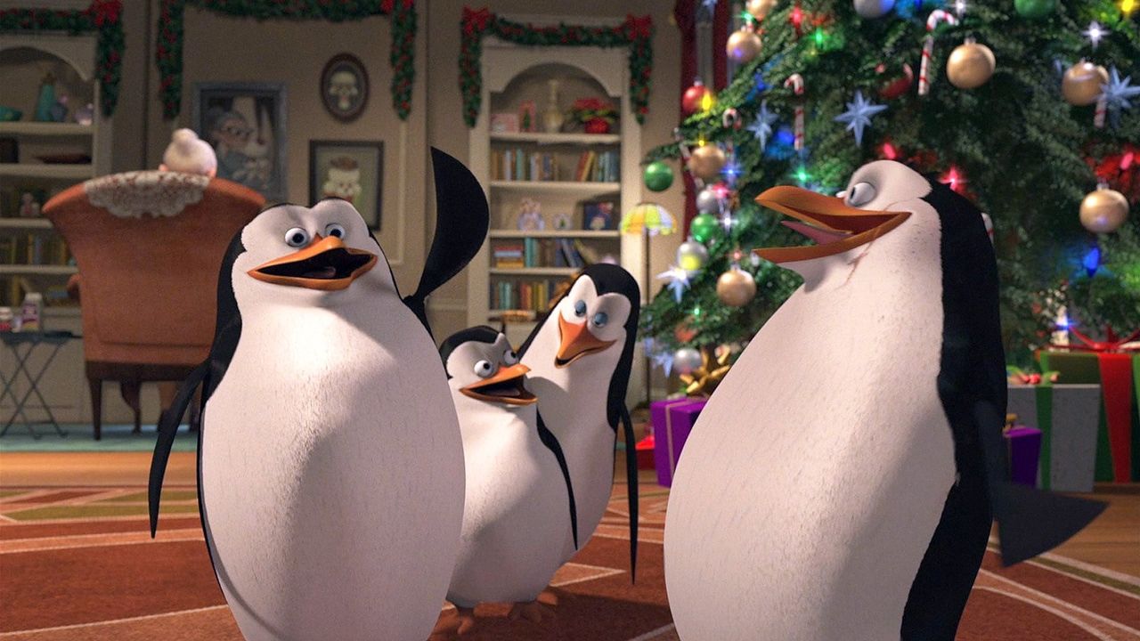 The Madagascar Penguins in a Christmas Caper Backdrop